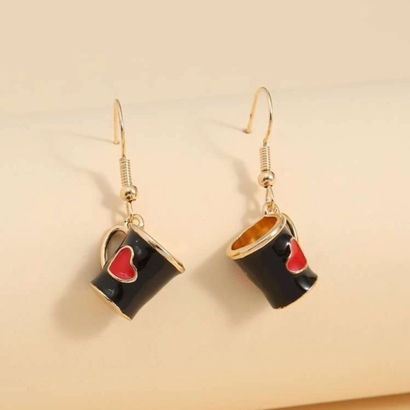 🖤 Adorable Heart Coffee Cup Mug Drop Earrings ☕️ - Picture 2 of 4